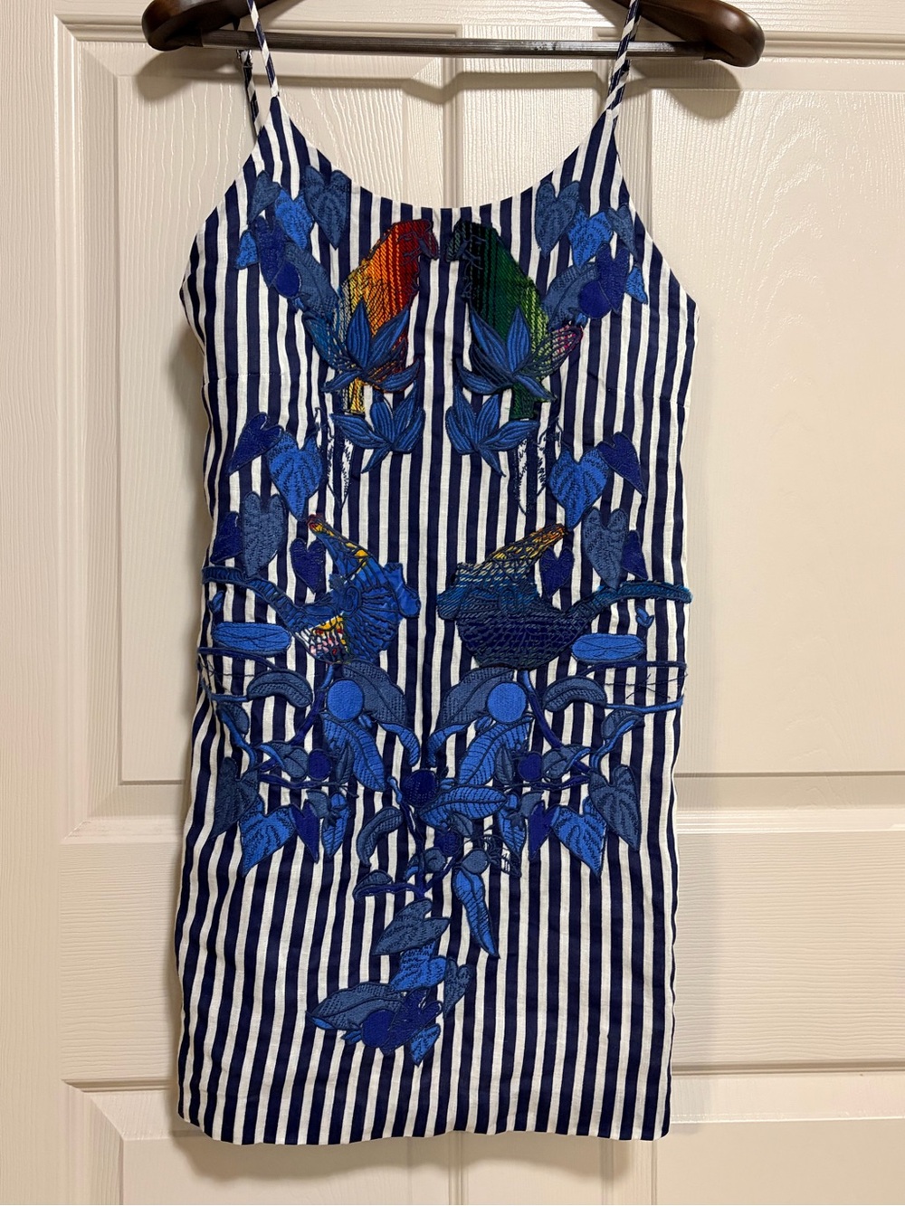Farm Rio Blue & White striped Embroidered Appliqué sun dress mini size Small. 
I
